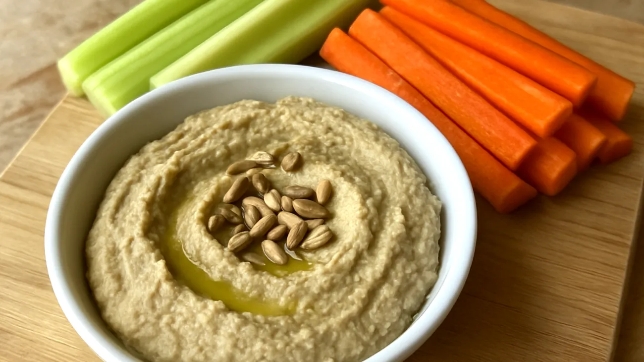 Hummus di semi di girasole con bastoncini di sedano e carote"