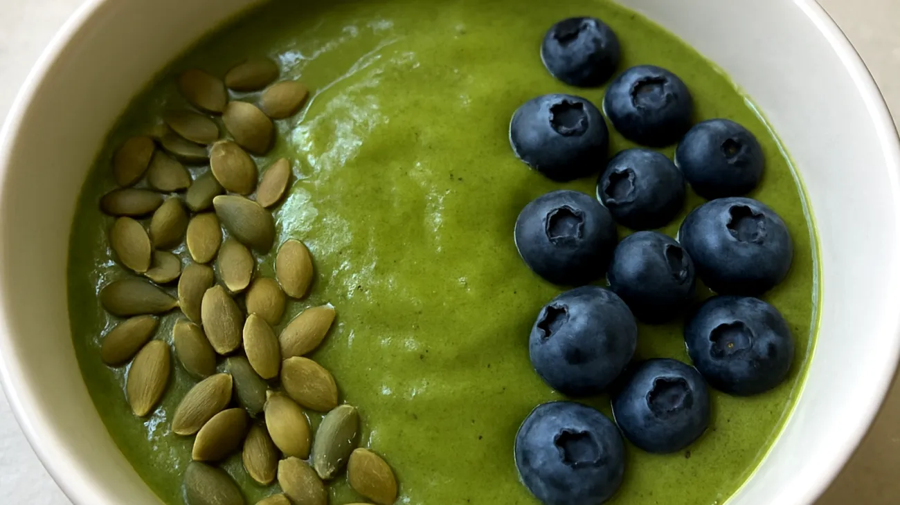 Smoothie bowl con spirulina, semi di zucca e mirtilli"
