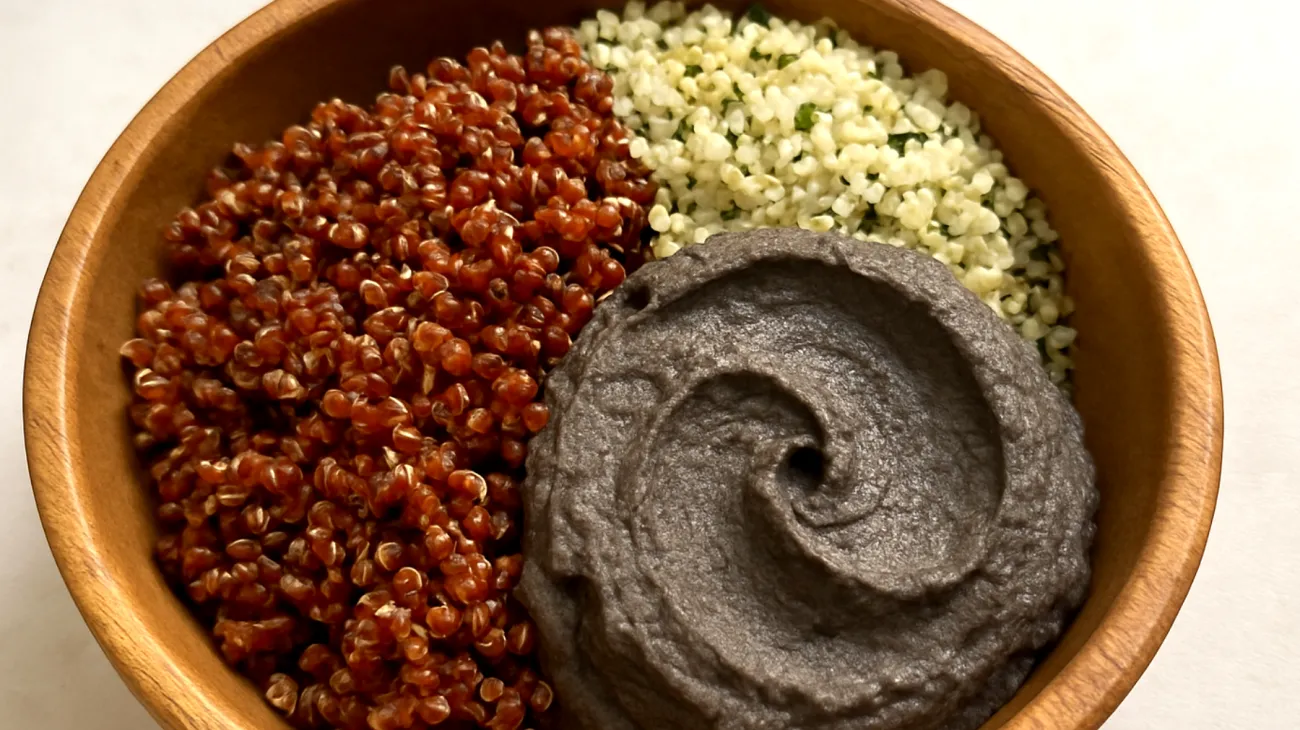 Buddha bowl con quinoa rossa, hummus di ceci neri e semi di canapa"