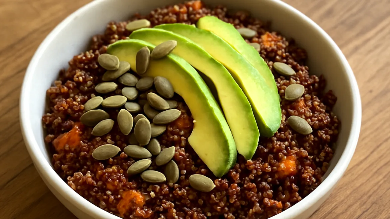 Insalata di quinoa rossa con semi di zucca e avocado"